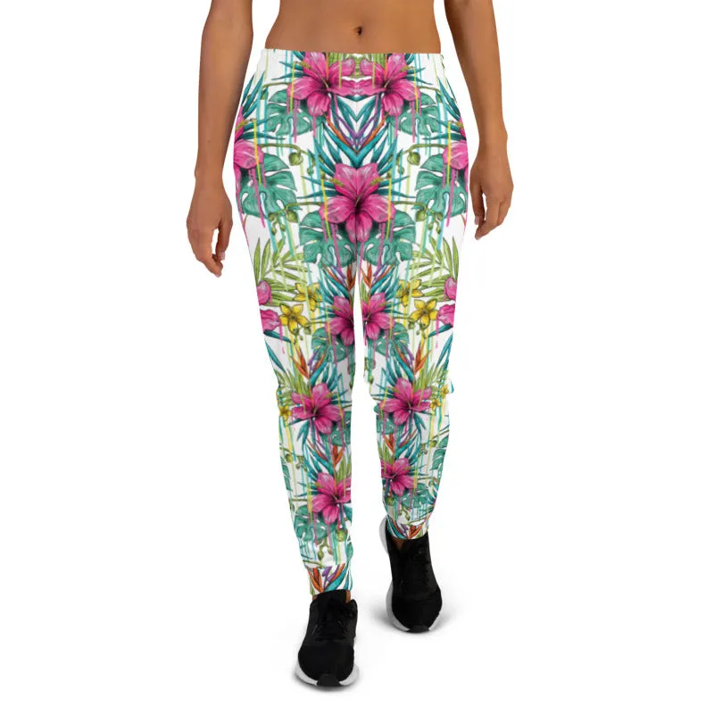 Pink Floral Women's Joggers, Tropical Print Colorful Comfy Casual Sweatpants-Made in EU