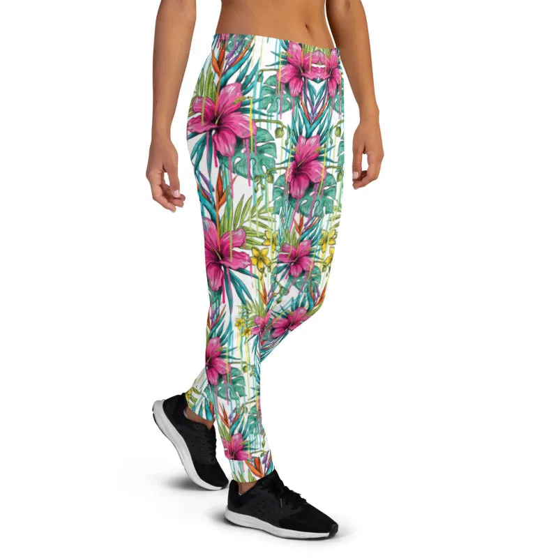 Pink Floral Women's Joggers, Tropical Print Colorful Comfy Casual Sweatpants-Made in EU