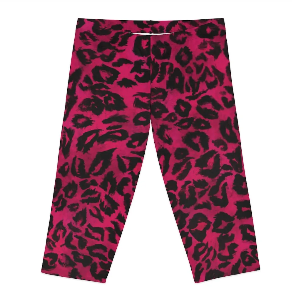 Pink Leopard Women's Capri Leggings, Hot Pink Animal Print Best Knee-Length Polyester Capris Tights-Made in USA (US Size: XS-2XL)