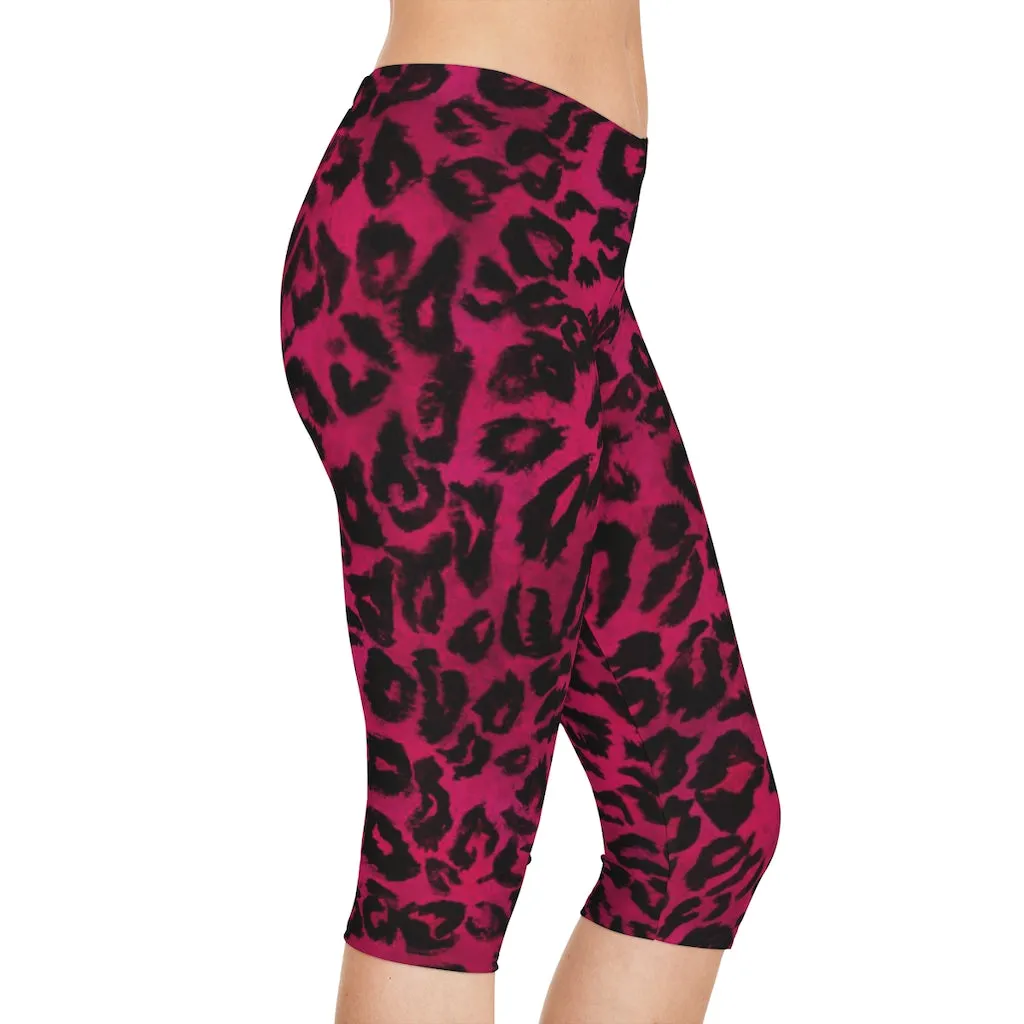 Pink Leopard Women's Capri Leggings, Hot Pink Animal Print Best Knee-Length Polyester Capris Tights-Made in USA (US Size: XS-2XL)
