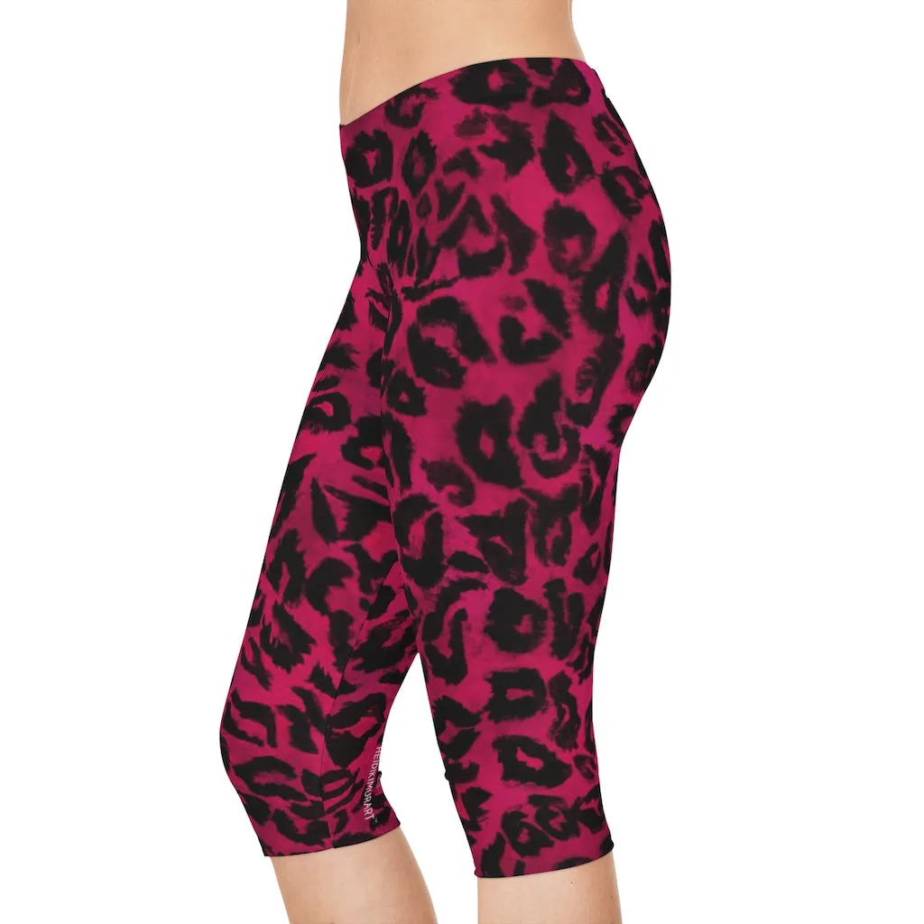 Pink Leopard Women's Capri Leggings, Hot Pink Animal Print Best Knee-Length Polyester Capris Tights-Made in USA (US Size: XS-2XL)