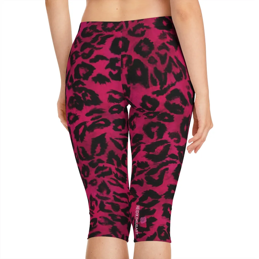 Pink Leopard Women's Capri Leggings, Hot Pink Animal Print Best Knee-Length Polyester Capris Tights-Made in USA (US Size: XS-2XL)