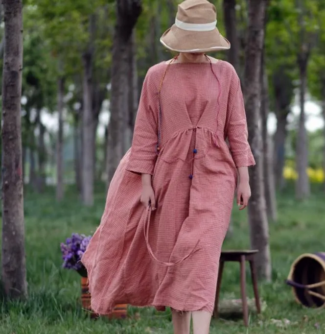 Pink Plaid Linen Long Sleeve Dress Loose Women Dress SJP9201229