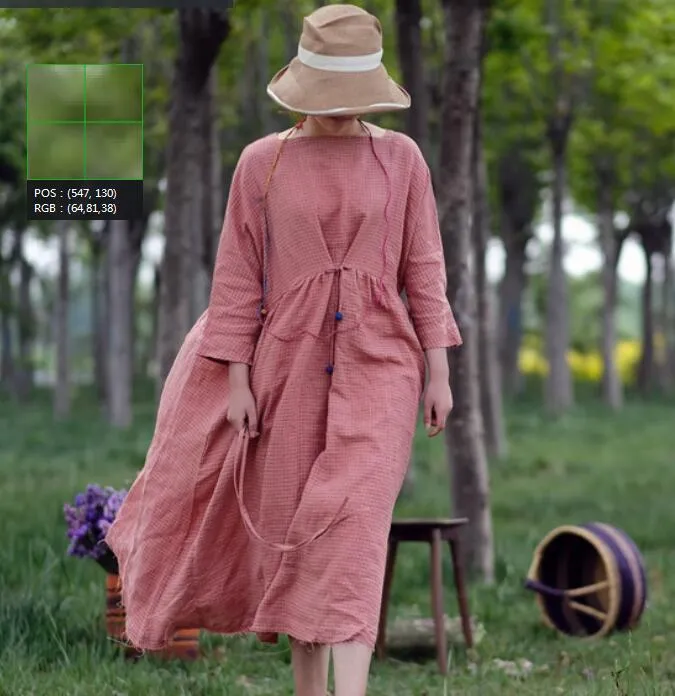 Pink Plaid Linen Long Sleeve Dress Loose Women Dress SJP9201229