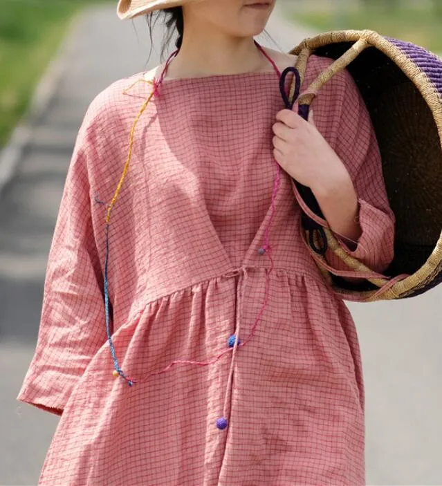 Pink Plaid Linen Long Sleeve Dress Loose Women Dress SJP9201229