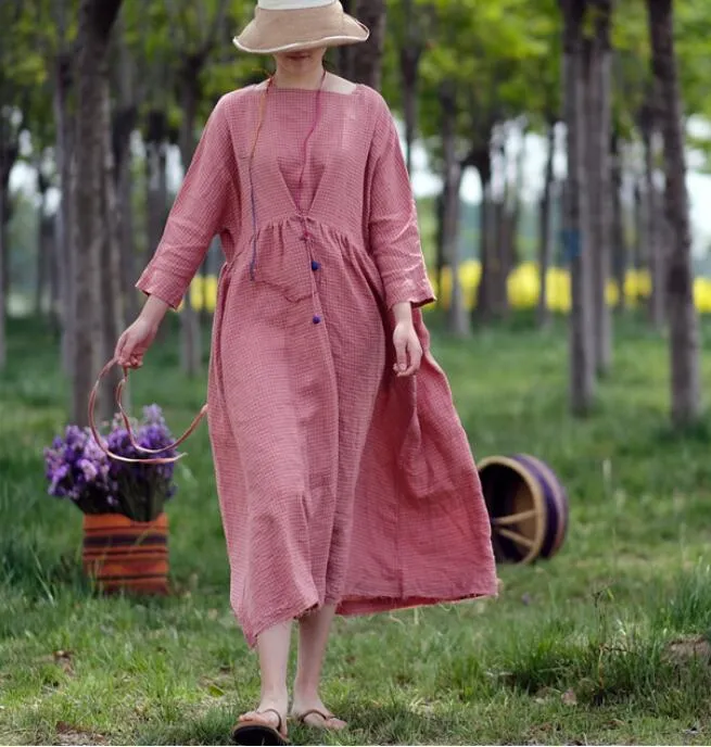 Pink Plaid Linen Long Sleeve Dress Loose Women Dress SJP9201229