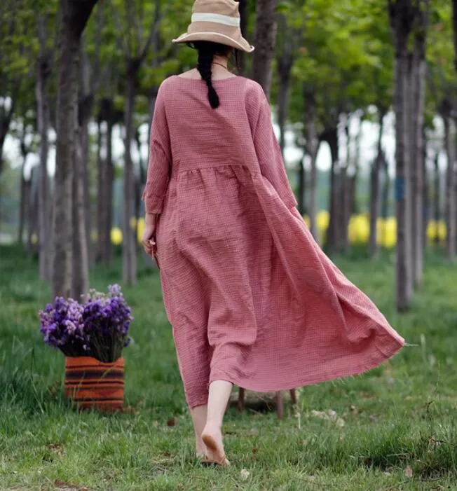 Pink Plaid Linen Long Sleeve Dress Loose Women Dress SJP9201229