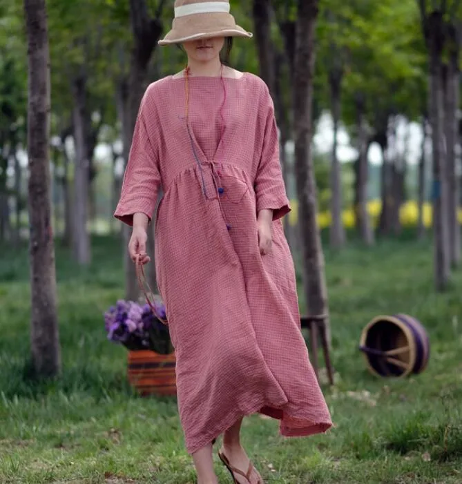 Pink Plaid Linen Long Sleeve Dress Loose Women Dress SJP9201229