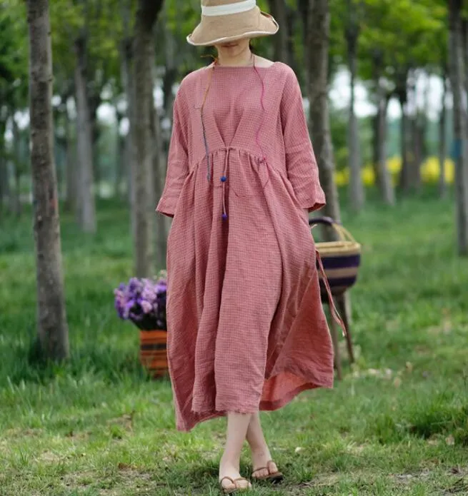 Pink Plaid Linen Long Sleeve Dress Loose Women Dress SJP9201229