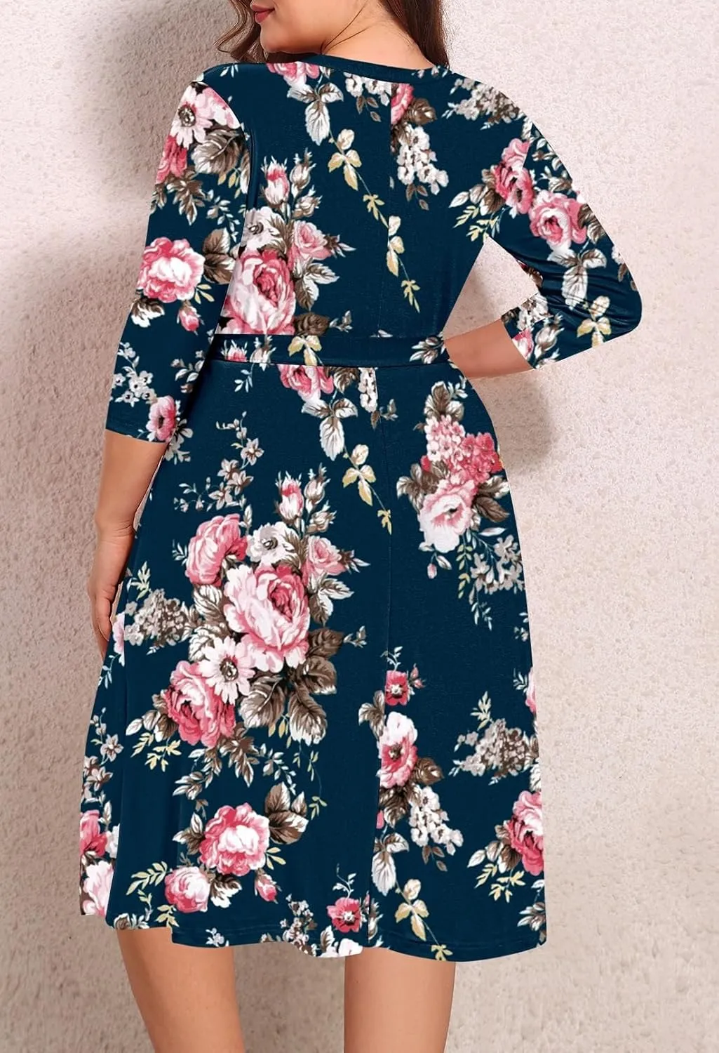 Pink Queen Womens Plus Size Dresses Casual Floral 3/4 Sleeve Wrap Dress Boho Party