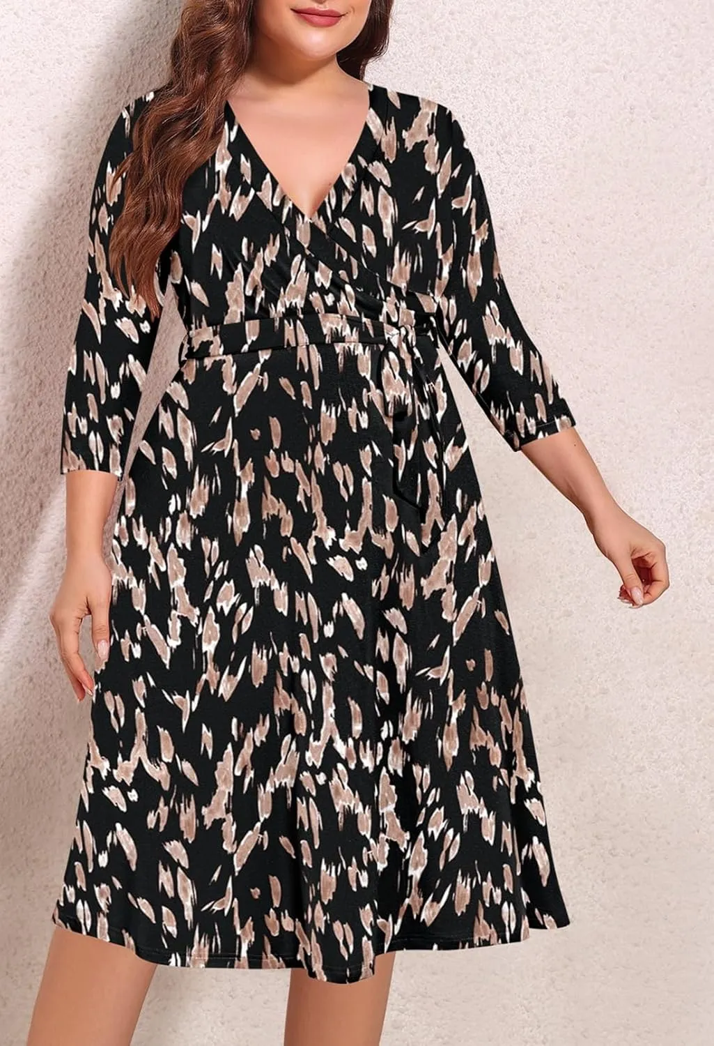 Pink Queen Womens Plus Size Dresses Casual Floral 3/4 Sleeve Wrap Dress Boho Party