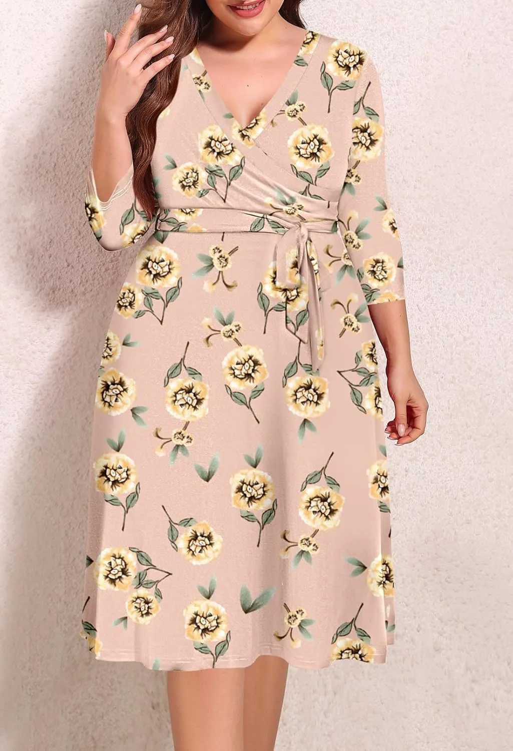 Pink Queen Womens Plus Size Dresses Casual Floral 3/4 Sleeve Wrap Dress Boho Party