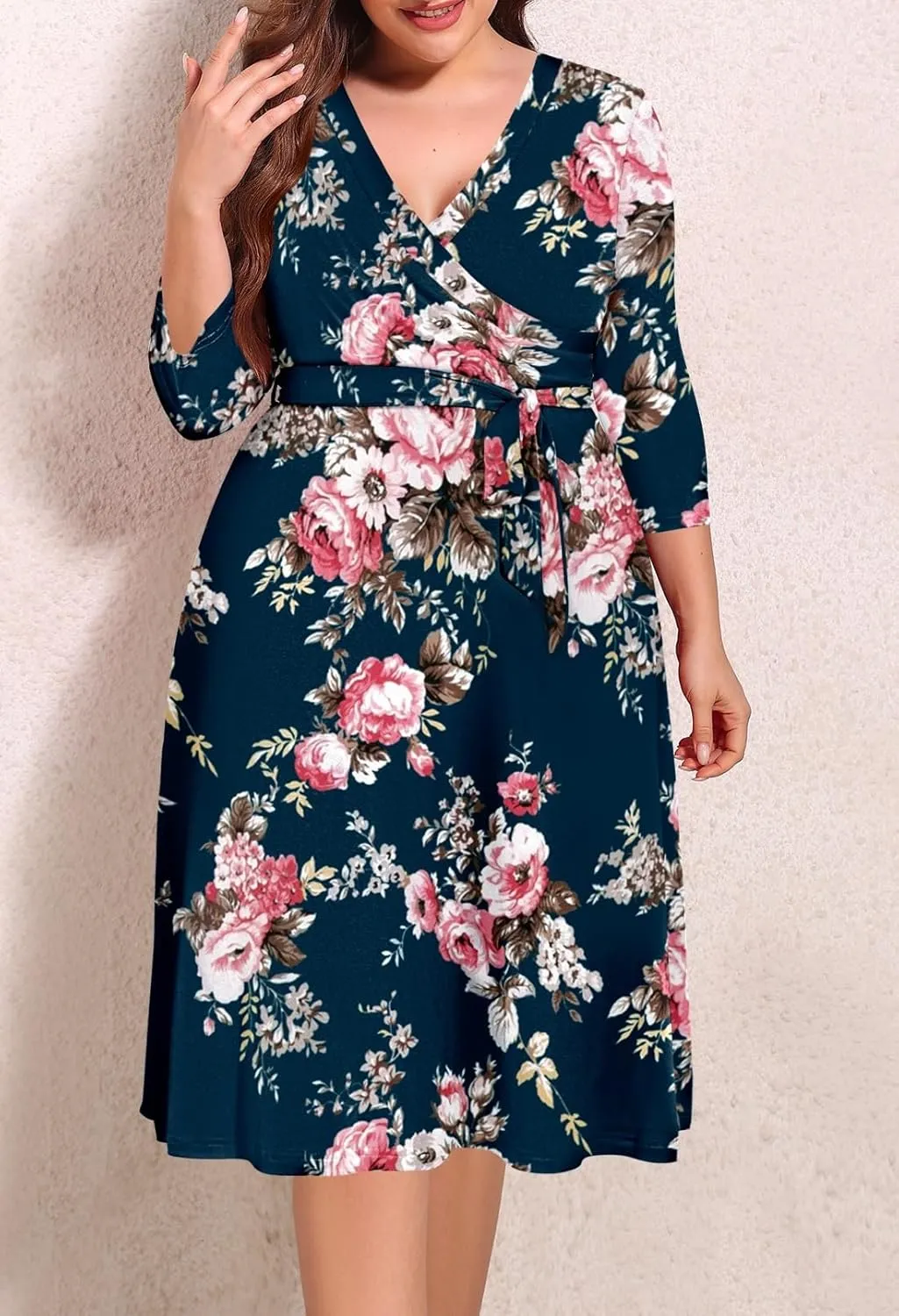 Pink Queen Womens Plus Size Dresses Casual Floral 3/4 Sleeve Wrap Dress Boho Party