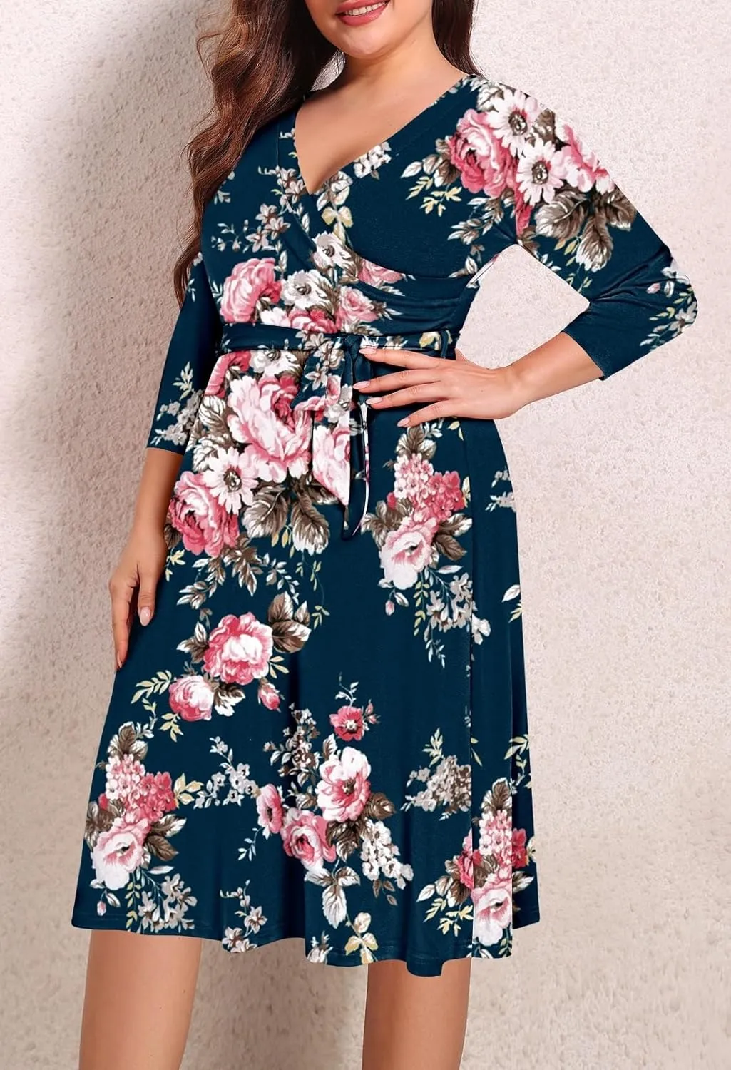 Pink Queen Womens Plus Size Dresses Casual Floral 3/4 Sleeve Wrap Dress Boho Party