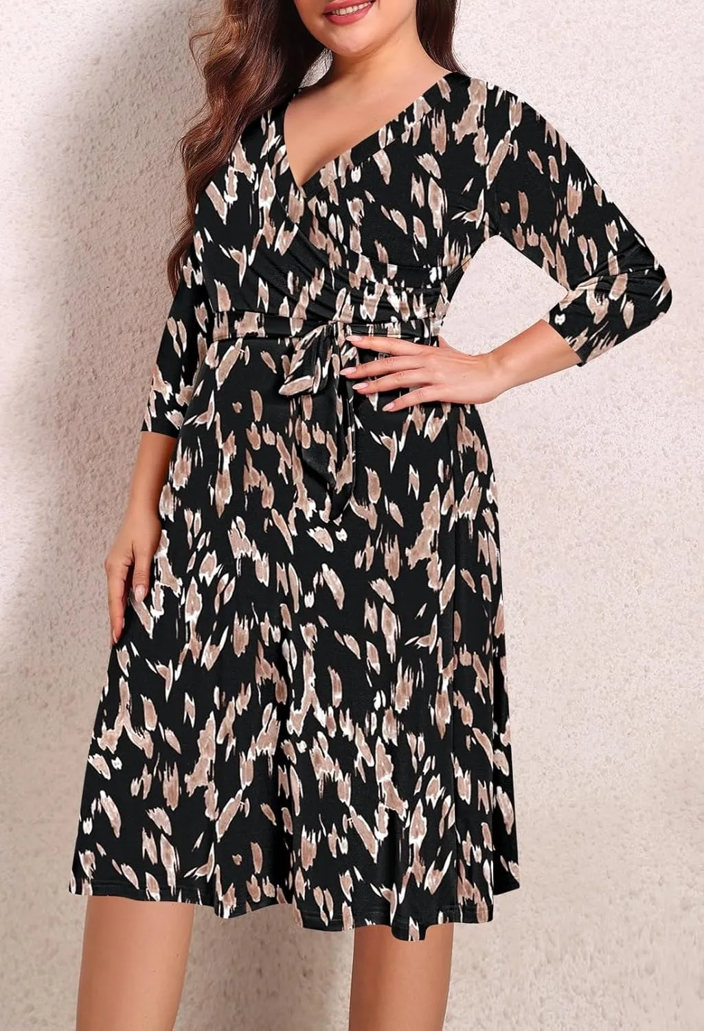 Pink Queen Womens Plus Size Dresses Casual Floral 3/4 Sleeve Wrap Dress Boho Party