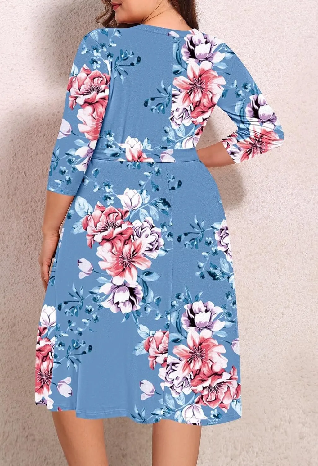 Pink Queen Womens Plus Size Dresses Casual Floral 3/4 Sleeve Wrap Dress Boho Party