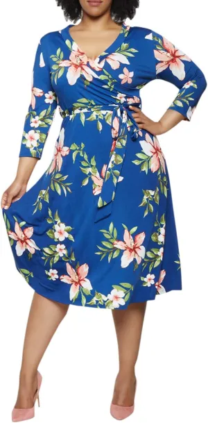 Pink Queen Womens Plus Size Dresses Casual Floral 3/4 Sleeve Wrap Dress Boho Party