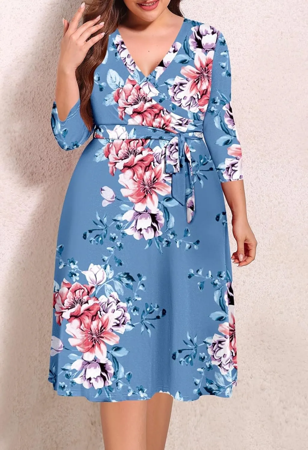 Pink Queen Womens Plus Size Dresses Casual Floral 3/4 Sleeve Wrap Dress Boho Party