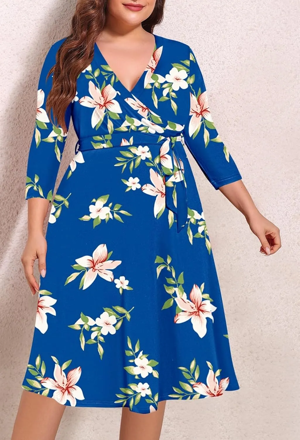 Pink Queen Womens Plus Size Dresses Casual Floral 3/4 Sleeve Wrap Dress Boho Party