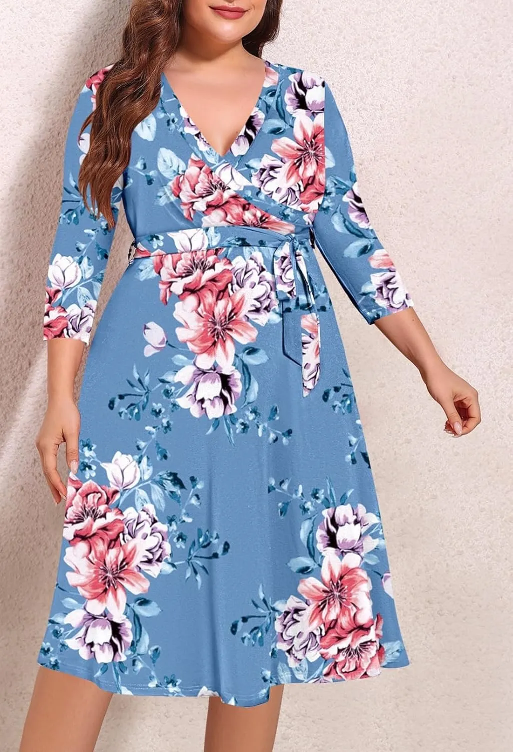 Pink Queen Womens Plus Size Dresses Casual Floral 3/4 Sleeve Wrap Dress Boho Party