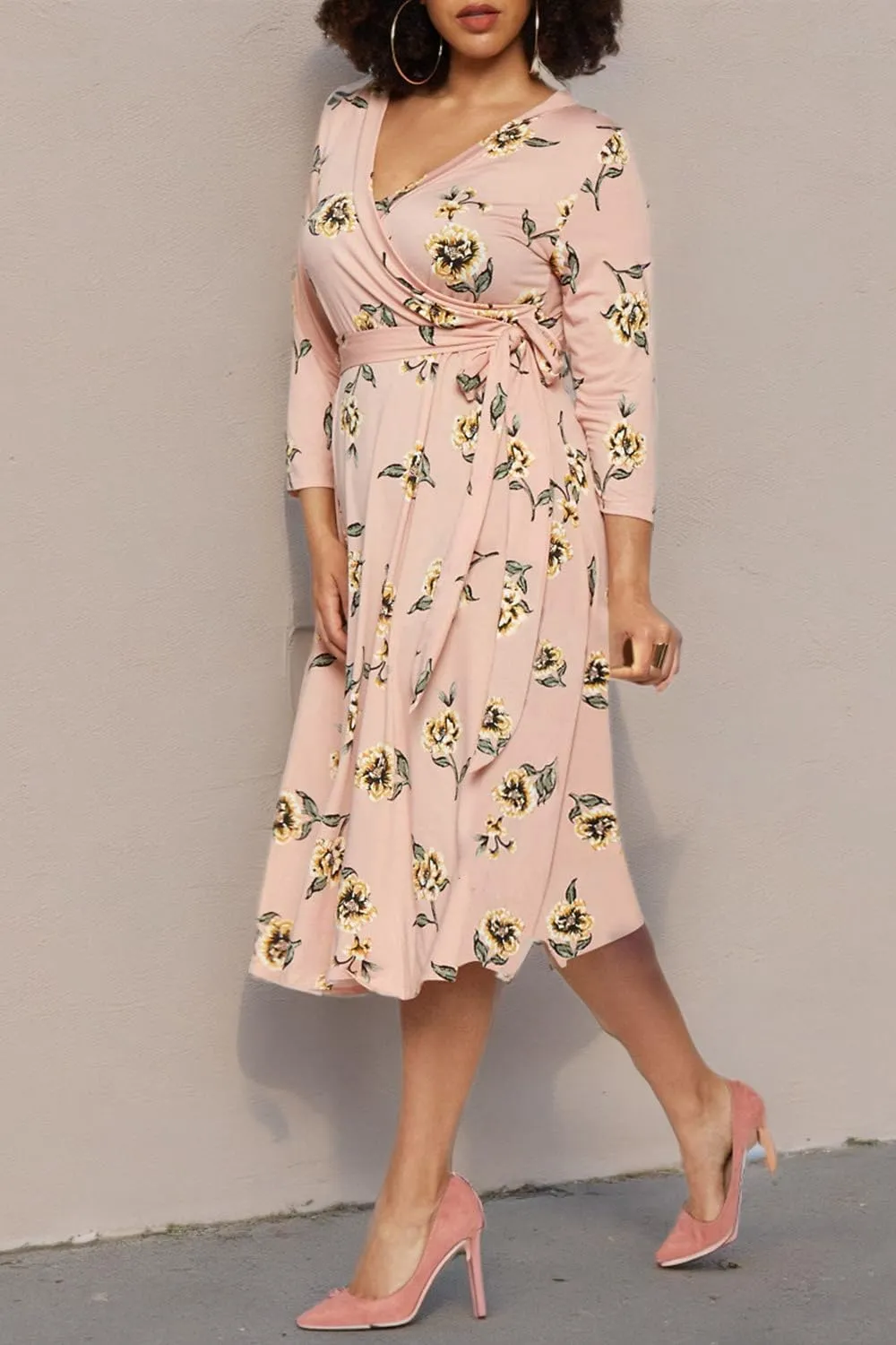 Pink Queen Womens Plus Size Dresses Casual Floral 3/4 Sleeve Wrap Dress Boho Party