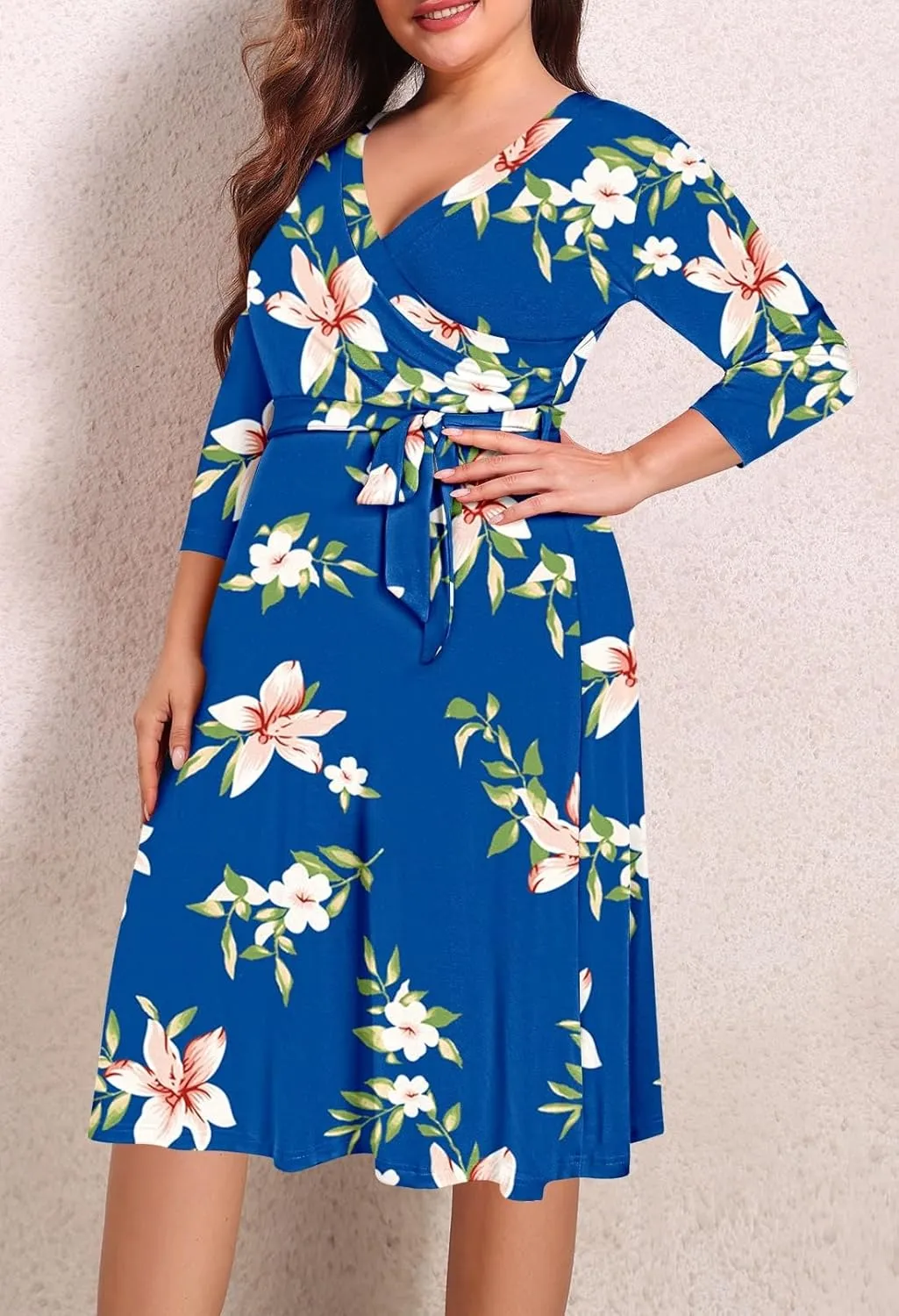 Pink Queen Womens Plus Size Dresses Casual Floral 3/4 Sleeve Wrap Dress Boho Party