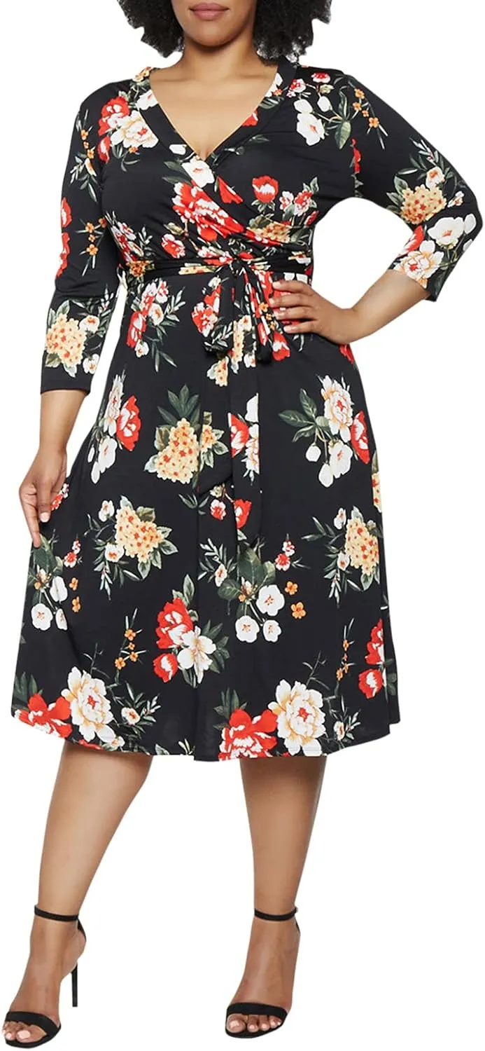 Pink Queen Womens Plus Size Dresses Casual Floral 3/4 Sleeve Wrap Dress Boho Party