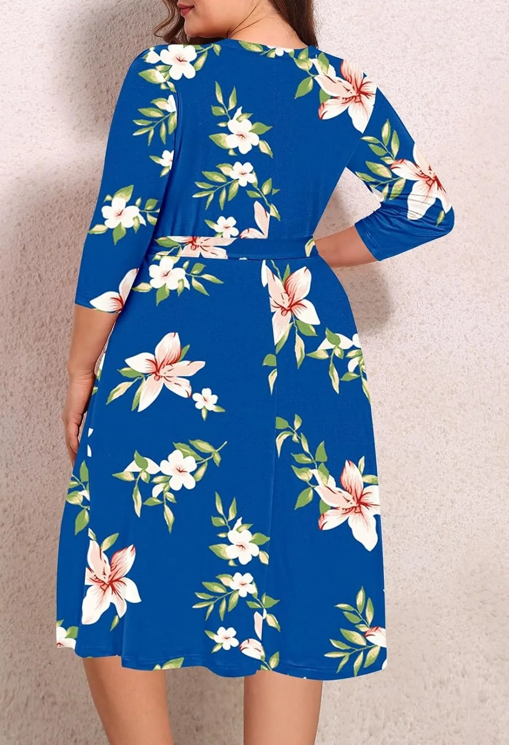 Pink Queen Womens Plus Size Dresses Casual Floral 3/4 Sleeve Wrap Dress Boho Party