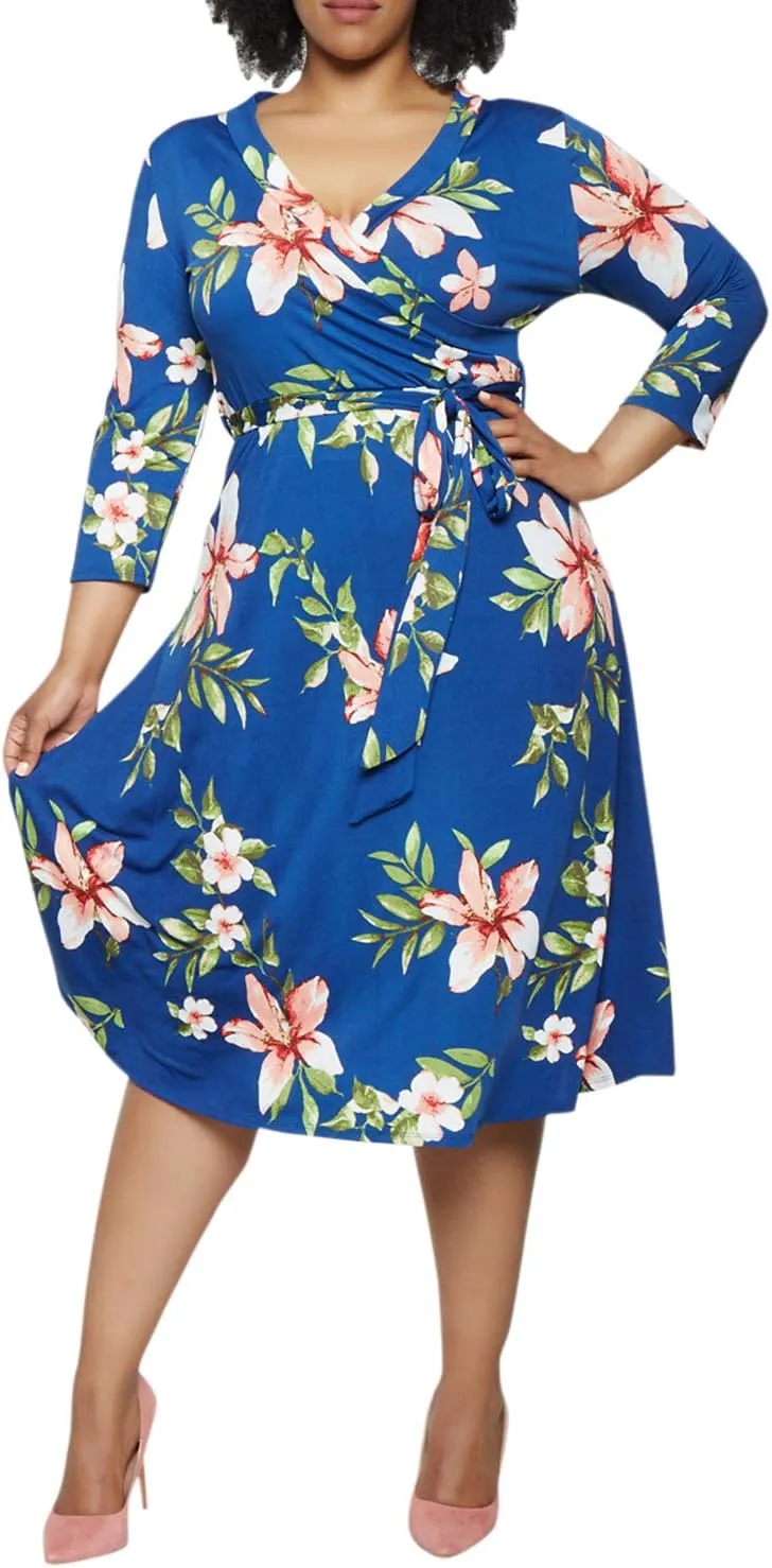 Pink Queen Womens Plus Size Dresses Casual Floral 3/4 Sleeve Wrap Dress Boho Party