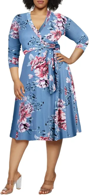 Pink Queen Womens Plus Size Dresses Casual Floral 3/4 Sleeve Wrap Dress Boho Party