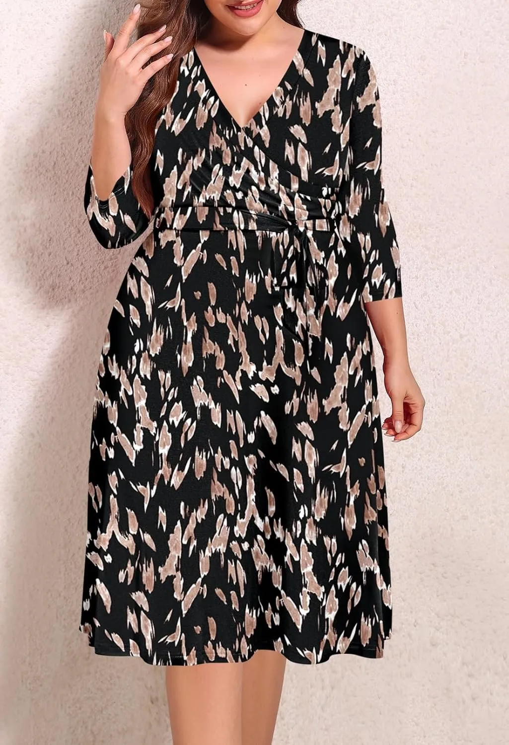 Pink Queen Womens Plus Size Dresses Casual Floral 3/4 Sleeve Wrap Dress Boho Party