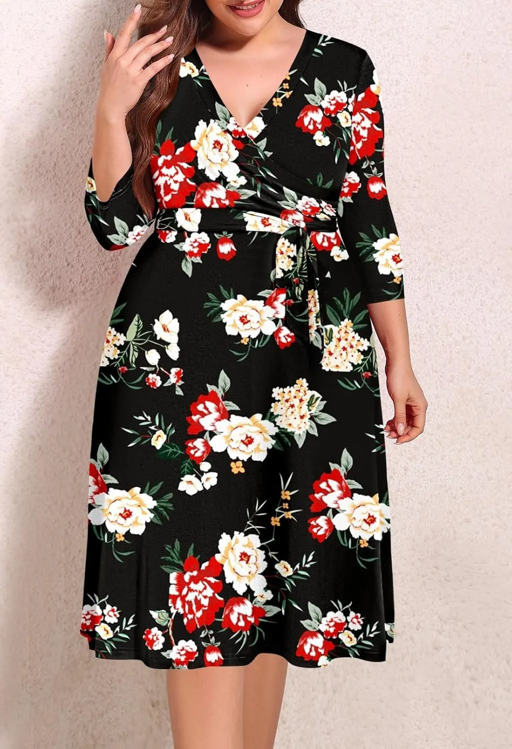 Pink Queen Womens Plus Size Dresses Casual Floral 3/4 Sleeve Wrap Dress Boho Party