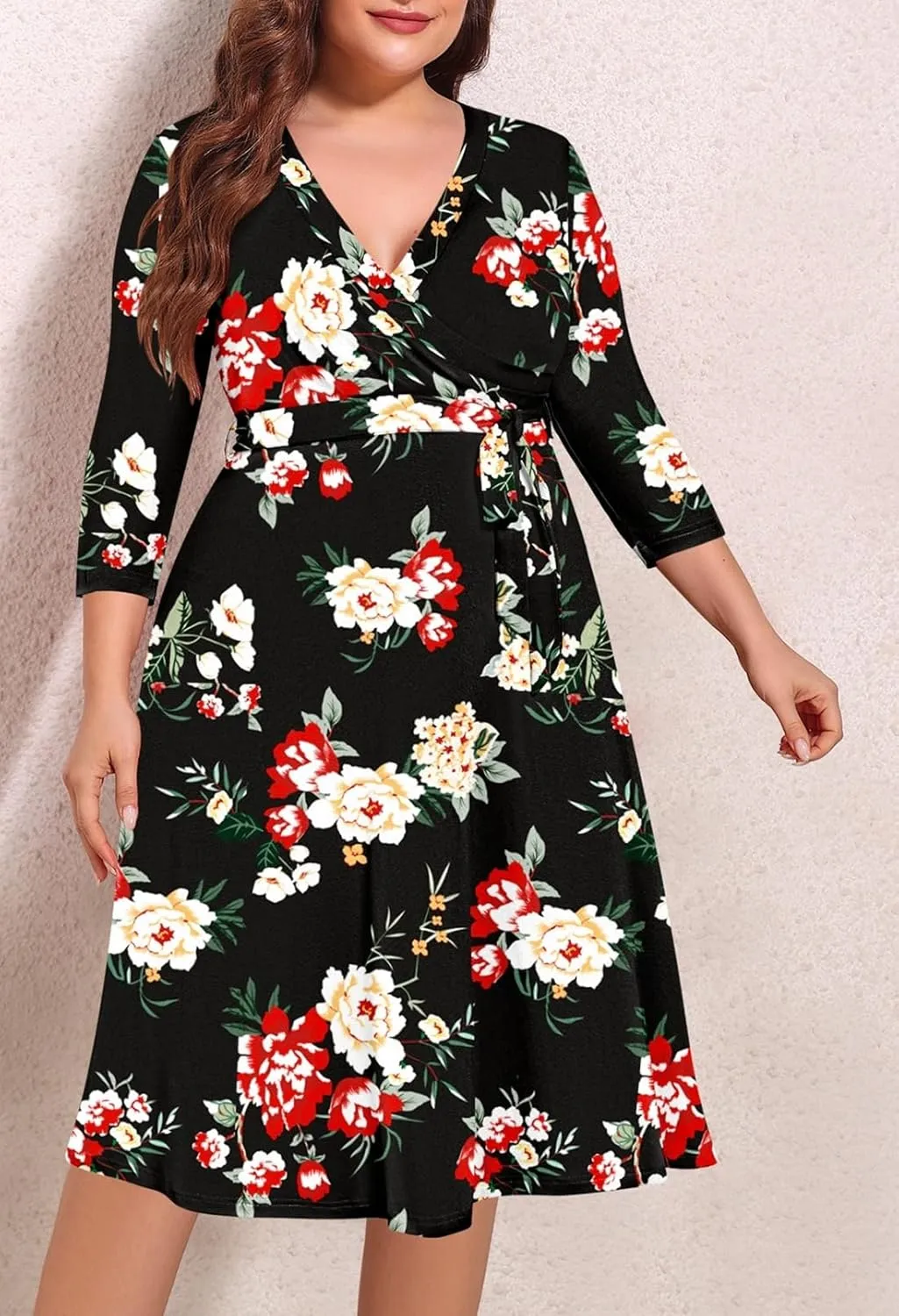 Pink Queen Womens Plus Size Dresses Casual Floral 3/4 Sleeve Wrap Dress Boho Party