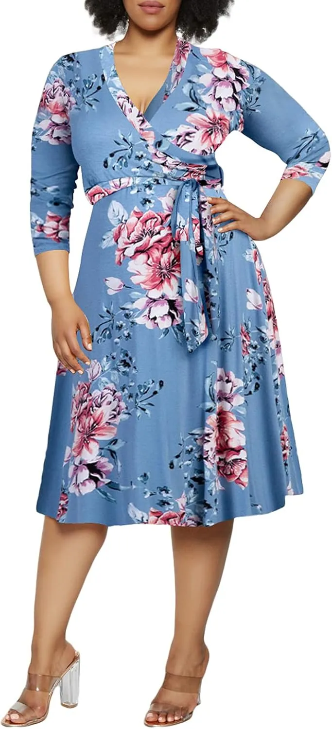 Pink Queen Womens Plus Size Dresses Casual Floral 3/4 Sleeve Wrap Dress Boho Party