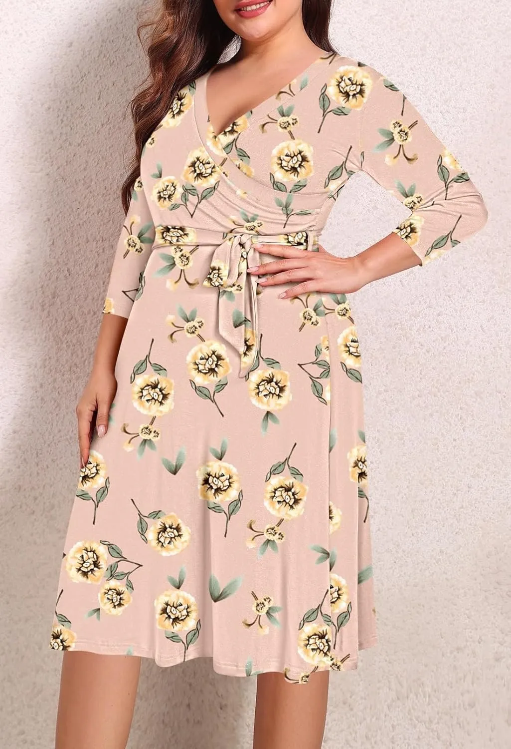 Pink Queen Womens Plus Size Dresses Casual Floral 3/4 Sleeve Wrap Dress Boho Party