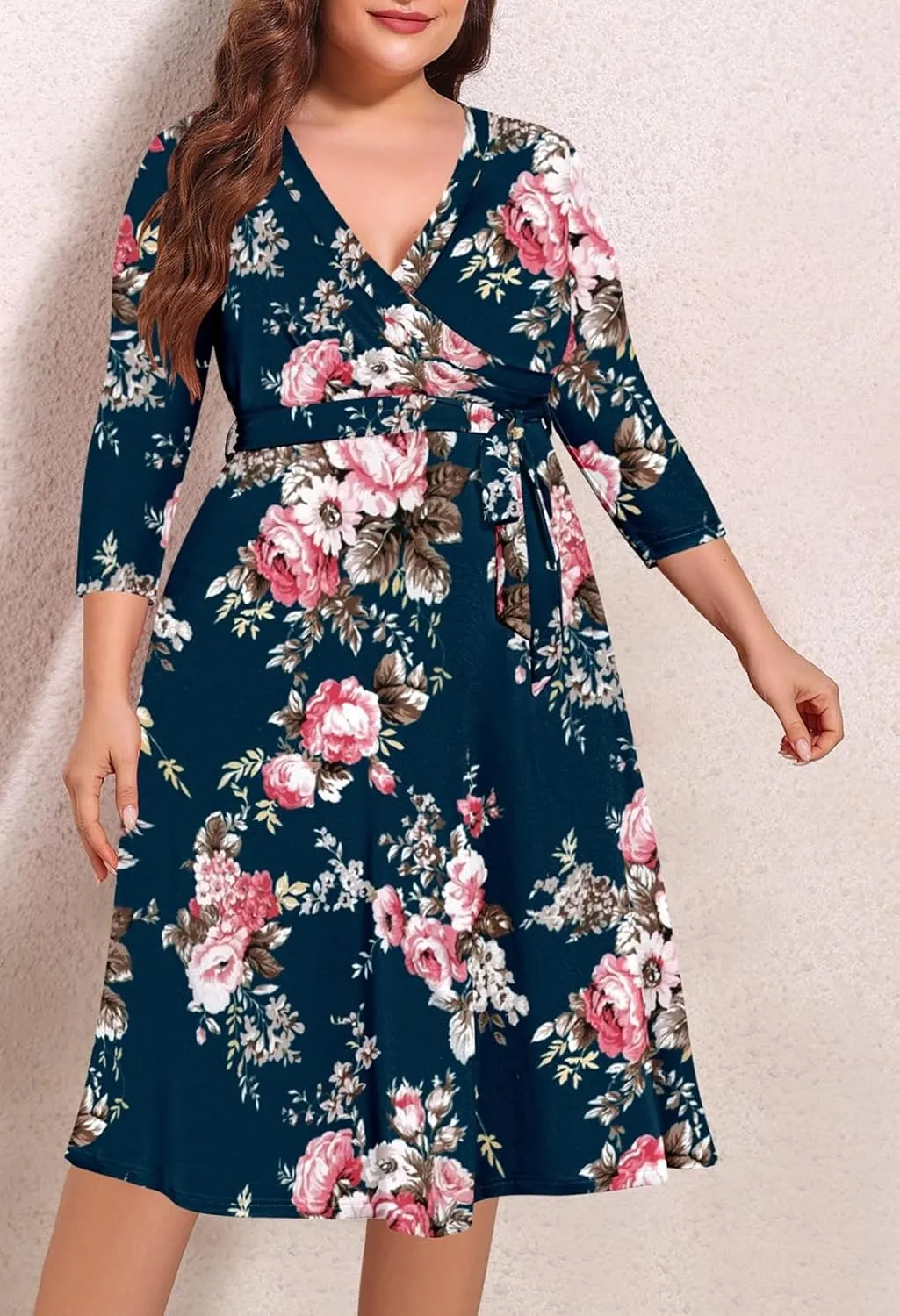 Pink Queen Womens Plus Size Dresses Casual Floral 3/4 Sleeve Wrap Dress Boho Party