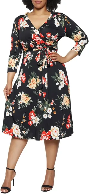 Pink Queen Womens Plus Size Dresses Casual Floral 3/4 Sleeve Wrap Dress Boho Party