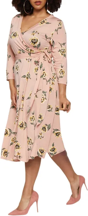 Pink Queen Womens Plus Size Dresses Casual Floral 3/4 Sleeve Wrap Dress Boho Party