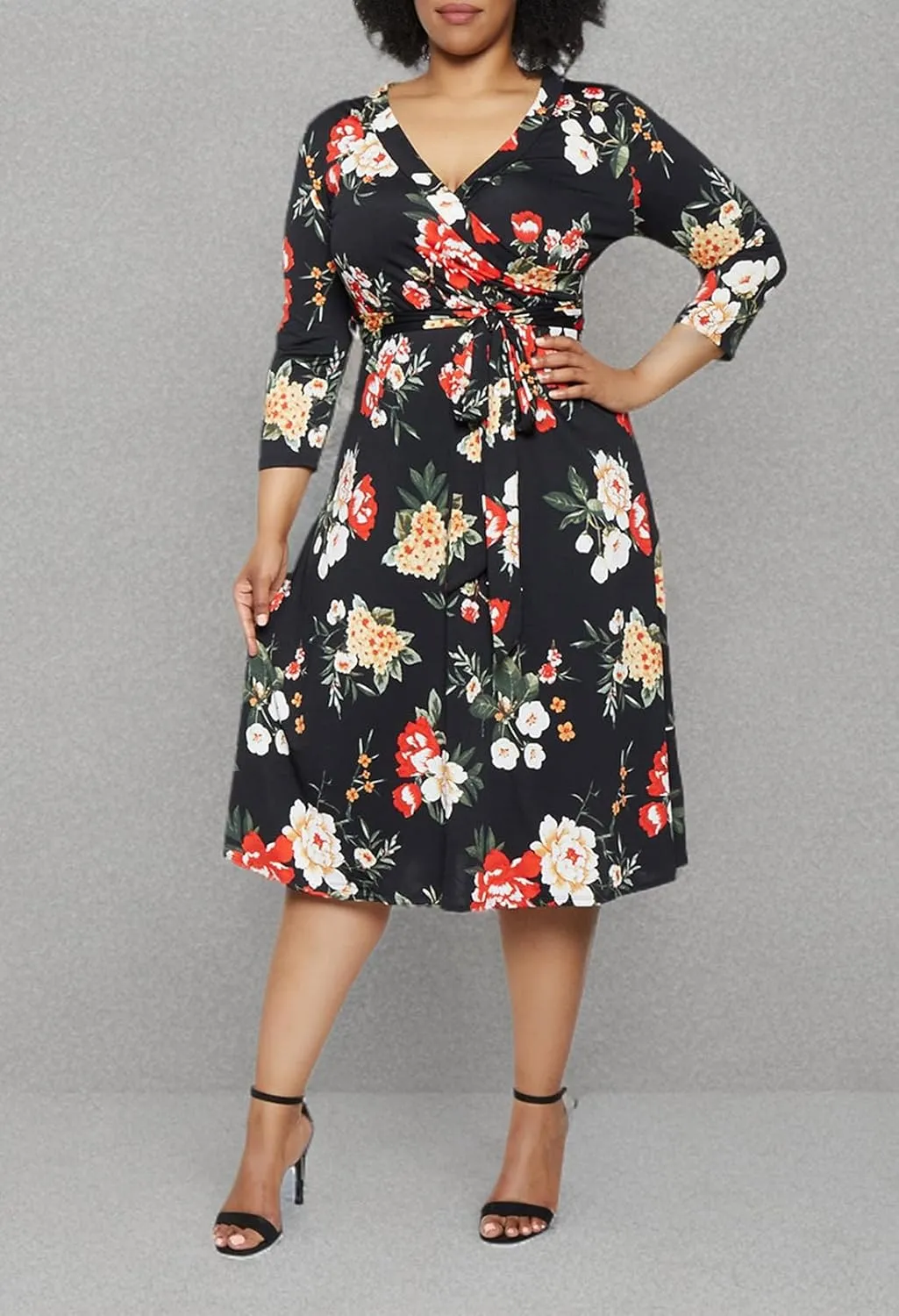 Pink Queen Womens Plus Size Dresses Casual Floral 3/4 Sleeve Wrap Dress Boho Party