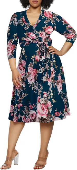 Pink Queen Womens Plus Size Dresses Casual Floral 3/4 Sleeve Wrap Dress Boho Party