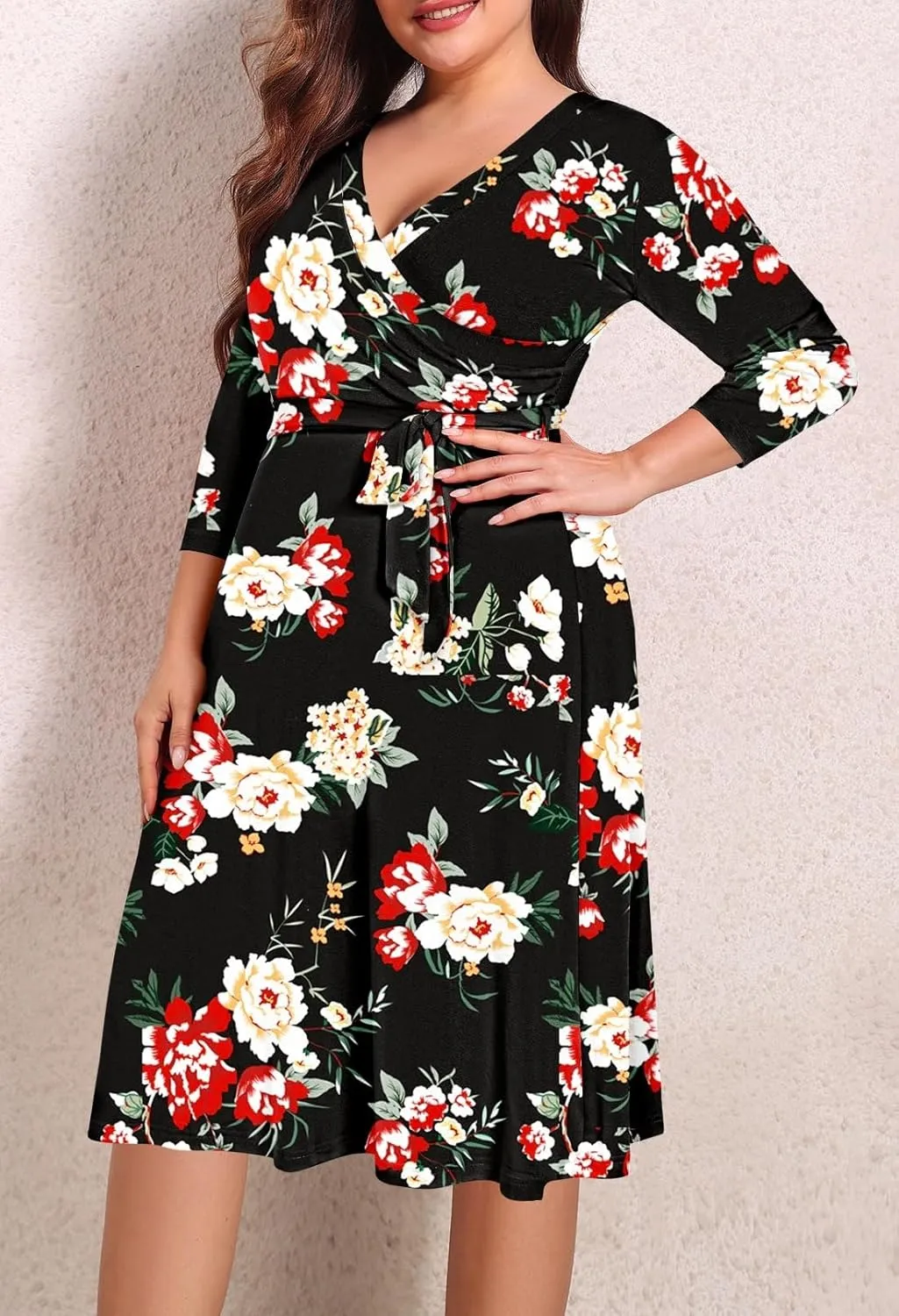 Pink Queen Womens Plus Size Dresses Casual Floral 3/4 Sleeve Wrap Dress Boho Party
