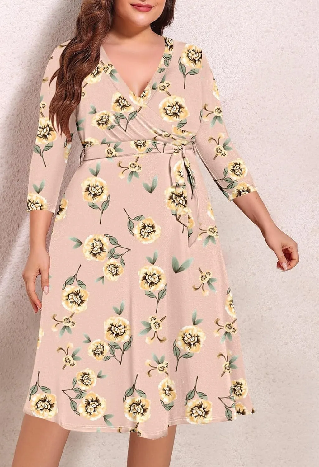 Pink Queen Womens Plus Size Dresses Casual Floral 3/4 Sleeve Wrap Dress Boho Party