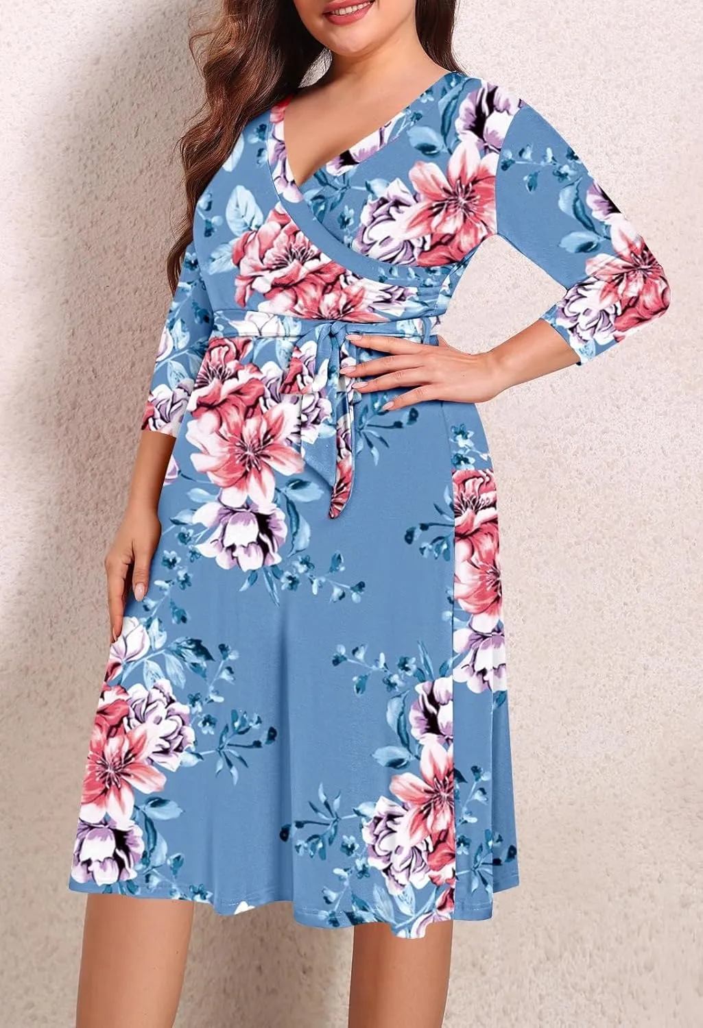 Pink Queen Womens Plus Size Dresses Casual Floral 3/4 Sleeve Wrap Dress Boho Party