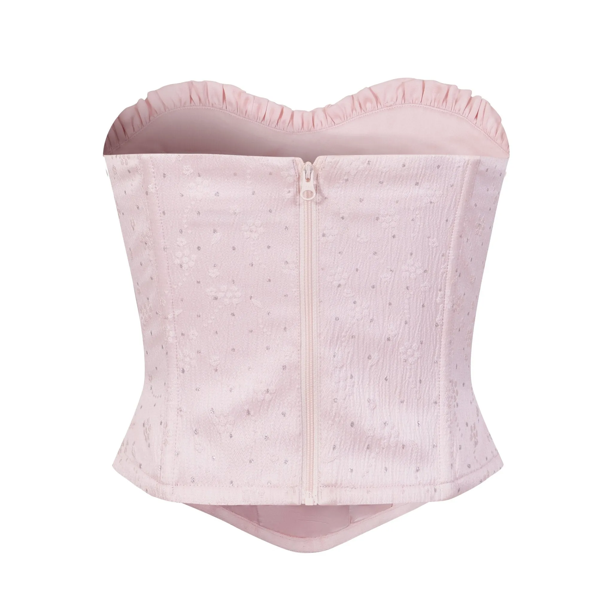 Pink Shimmering Silver Jacquard Tulle Trim Sheath Top