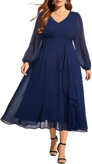 Pinup Fashion Plus Size Dresses for Wedding Guest - 2025 Formal Long Sleeve Chiffon Fall Midi Dress