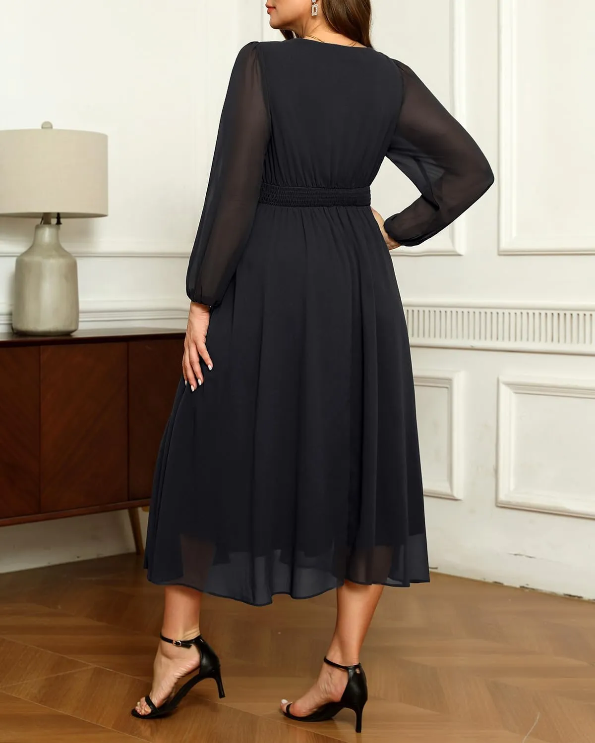 Pinup Fashion Plus Size Dresses for Wedding Guest - 2025 Formal Long Sleeve Chiffon Fall Midi Dress