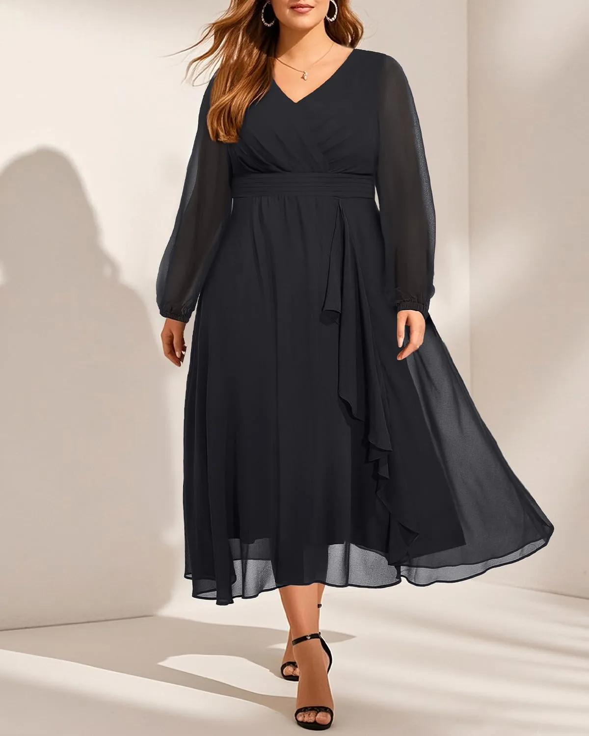 Pinup Fashion Plus Size Dresses for Wedding Guest - 2025 Formal Long Sleeve Chiffon Fall Midi Dress