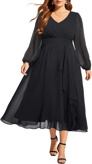 Pinup Fashion Plus Size Dresses for Wedding Guest - 2025 Formal Long Sleeve Chiffon Fall Midi Dress