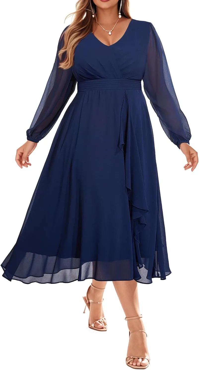 Pinup Fashion Plus Size Dresses for Wedding Guest - 2025 Formal Long Sleeve Chiffon Fall Midi Dress