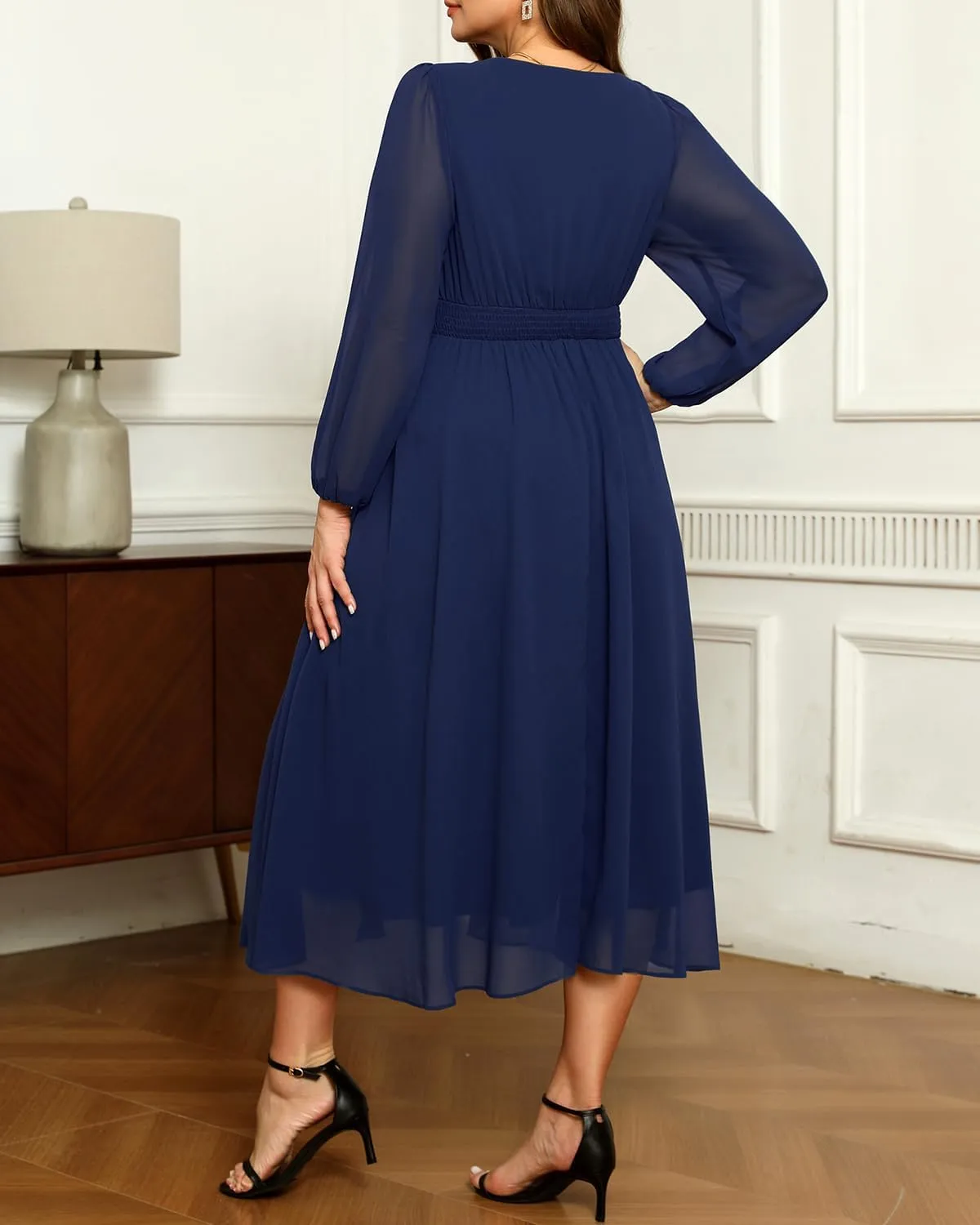 Pinup Fashion Plus Size Dresses for Wedding Guest - 2025 Formal Long Sleeve Chiffon Fall Midi Dress